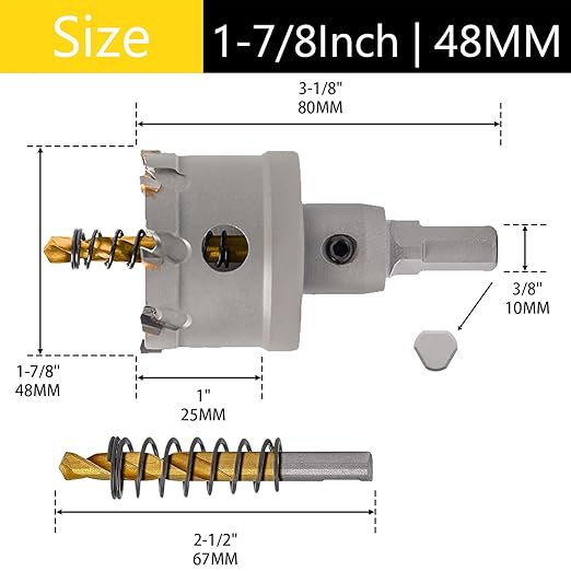 1-7/8" (48mm) Hole Saw Heavy Duty Carbide 2-Pack Tungsten Carbide Tipped Hole Cutters cuts Stainless Steel, mild Steel, Iron, Copper, Brass, Plastic Titanium-Plated Pilot Drill Bits