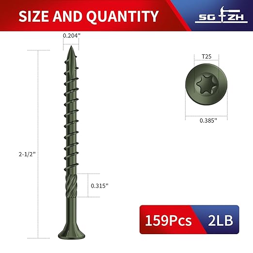 #10 x 2-1/2" Deck Screws (159Pcs) 2lb. Carbon Steel, Green, Flat Head, Rust Resistant epoxy Coated, with T25 Star Bit