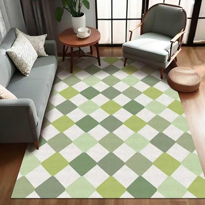 Checkered Washable Area Rugs 5x7 Diamond Non-Slip Modern Soft Large Carpet for Living Room Entryway Bedroom Farmhouse Green
