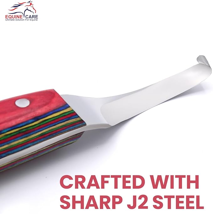 Equine Care Farrier Hoof Knife Left-Handed - Ultra-Sharp J2 Stainless Steel Blade, Brass Cap, Ergonomic Sheet Handle - Professional Tool for Hoof Trimming, Shoeing, Horse & Cow Hoof Care.