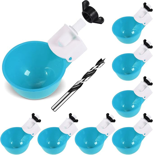 Chicken Waterer Cups (8 Pack/Light Blue) - DIY Automatic Large Chicken Water Feeder for Ducks,Chicks, Turkeys, Quail, Bunny, Bird and Other Various Poultry Dispenser with Matching Drill