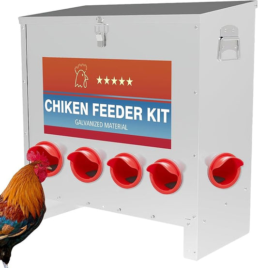 Automatic Chicken Feeder Large Capacity 85lbs Metal Chicken Feeder with Latch & Handle for Chickens, Geese, Ducks, Turkeys, Quails, Weatherproof (6-Port)