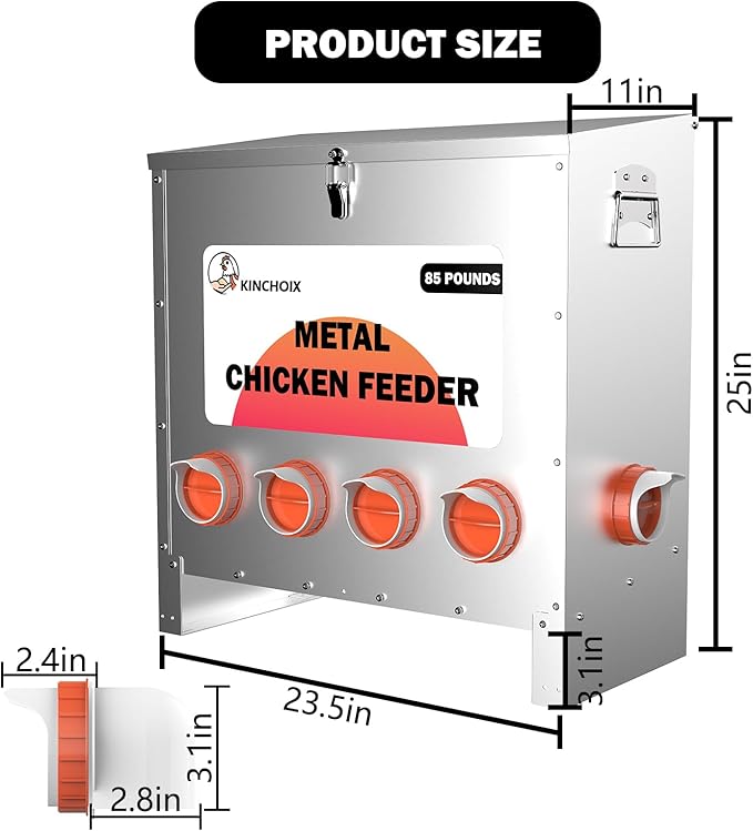 Metal Chicken Feeder Large Capacity 85lbs Automatic Metal Rat Proof Chicken Feeders No Waster Weatherproof Poultry Feeder for Chickens, Geese, Ducks, Turkeys, Quails (6-Port)