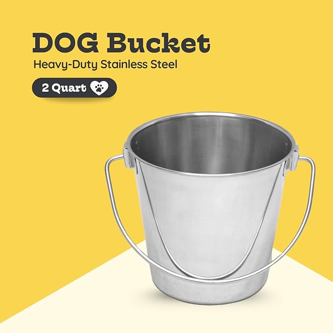 2 quart Heavy Duty Stainless Steel Round Bucket with Handle | 0.5 gal Sturdy Food & Water Bowl for Small Birds Dog Cat & Livestock | Fits kennel Crate Cage Farm | Hanging Utility Pet Pail