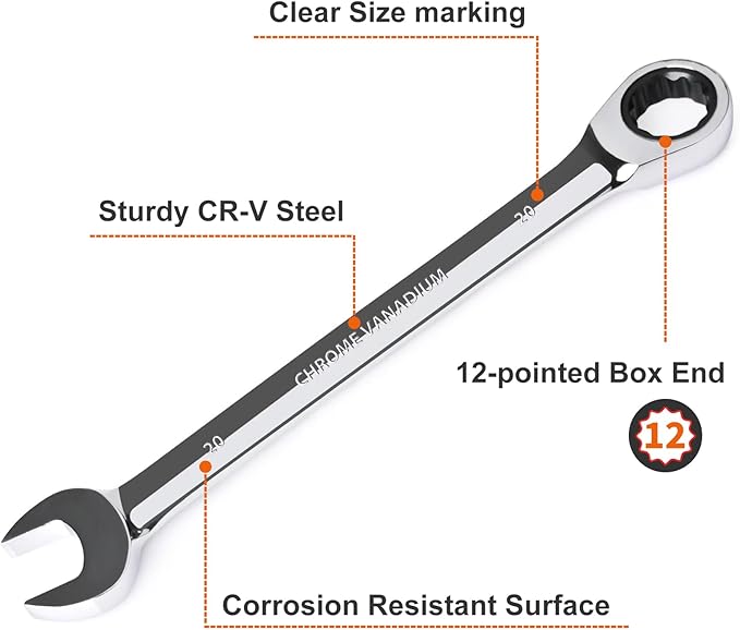Egofine 20mm Ratcheting Combination Wrench Metric, Industrial Grade Gear Spanner with 12-Point Design, 72-Tooth Ratchet, Chrome Vanadium Steel