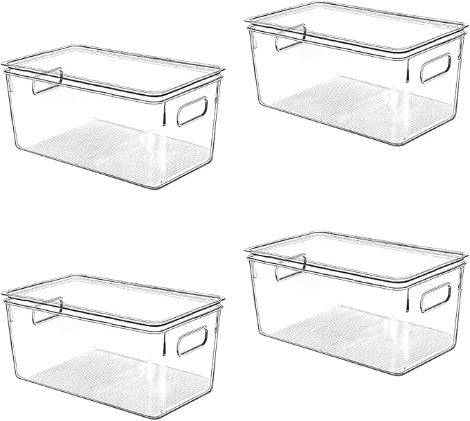 Clear Plastic Storage Bins with Lids, Perfect for Kitchen Organization or Pantry Organization and Storage, Stackable Fridge Organizer Bins, Storage Containers for Organizing, Cabinet Organizers