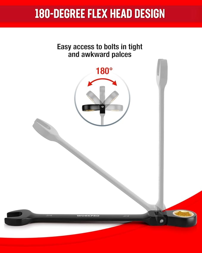 WORKPRO Ratcheting Combination Wrench Set, 8-piece Flex-Head Anti-Slip Set SAE 5/16-3/4 inch, 72-Teeth, Cr-V Constructed, Black Electrophoretic Coating with Rolling Pouch