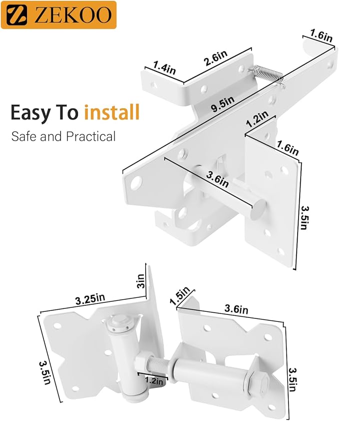 ZEKOO Stainless Steel Vinyl Fence Gate kit, Self Closing Gate Hinges and Latch, Rust Proof, Use for Vinyl Fence Gate and Wood Fences Gate, Heavy Duty 1 Gate Latch 2 Gate Hinges (White)