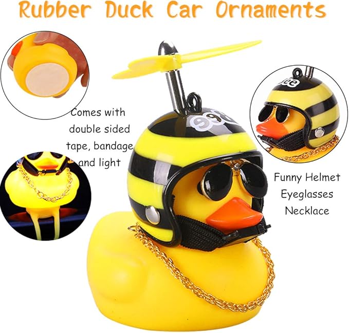 wonuu Rubber Duck Toy Car Ornaments Yellow Duck Car Dashboard Decorations Squeeze Duck Bicycle Horns with Propeller Helmet