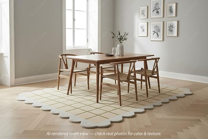 Scalloped Border Wool Area Rug with Windowpane Grid, Hand-Tufted, Beige-Blush with Sage Lines & Light Purple Edge - Soft High-Low Pile for Living Room, Bedroom, Nursery - 8x12 Ft