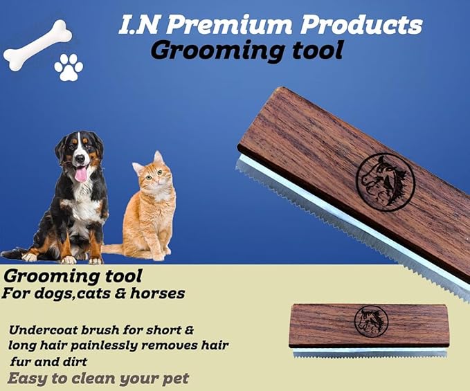 Original Deshedding Grooming Tools for Horse, Cats & Dogs Easy Ergonomic Wooden Handle Professional Brush Grooming Tool, Remove painlessly 95 Percent of Lose Hair Fur & Dirt (5 inch)