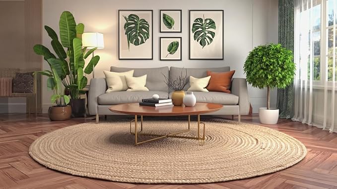 Handwoven Jute Braided Round Rug – 5 Feet | Natural, Reversible, Stain-Resistant | Farmhouse Boho Area Rug for Living Room, Entryway, Bedroom