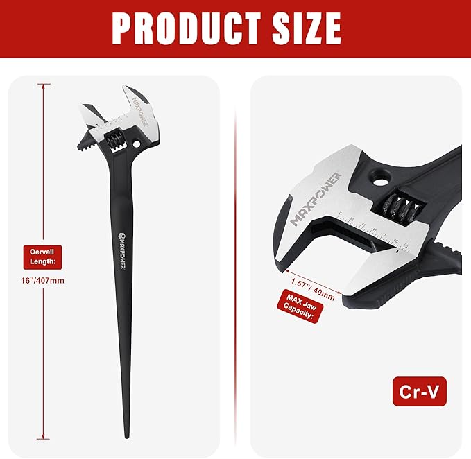 MAXPOWER 16-inch Adjustable Construction Spud Wrench, 4 in 1 Multifunctional Use for Spud Wrench, Adjustable Wrench and Hammer, Max Jaw Capacity Ups to 1.57"