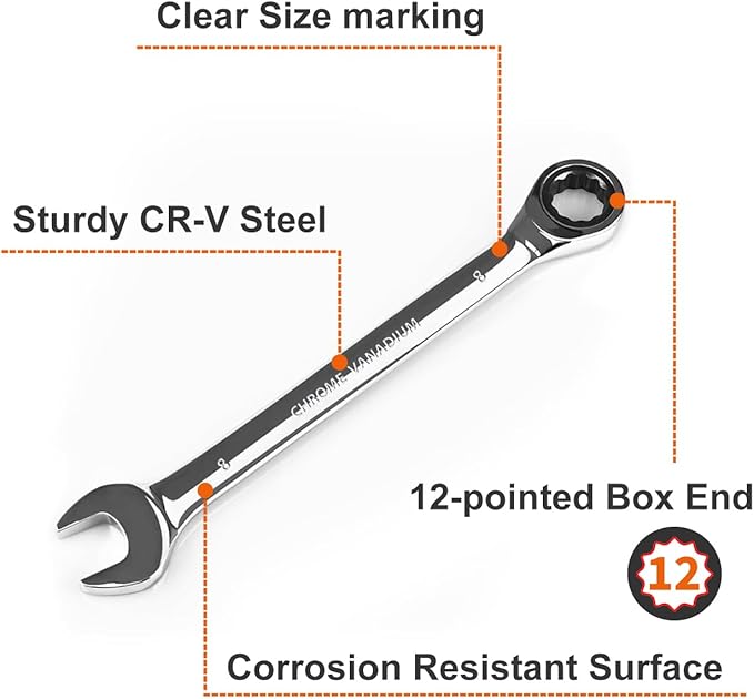 Egofine 8mm Ratcheting Combination Wrench Metric, Industrial Grade Gear Spanner with 12-Point Design, 72-Tooth Ratchet, Chrome Vanadium Steel