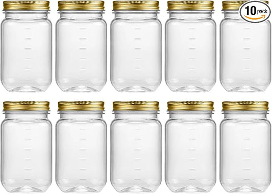 novelinks 16 oz Clear Plastic Jars with Screw-On Lids - BPA-Free Refillable Storage Containers for Slime, Food, Crafts, Kitchen & Household Use (10 Pack,Gold)