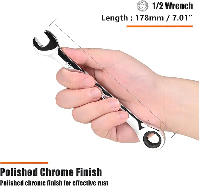 Egofine 1/2 inch Ratcheting Combination Wrench SAE, Industrial Grade Gear Spanner with 12-Point Design, 72-Tooth Ratchet, Chrome Vanadium Steel