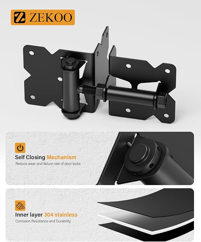 ZEKOO Stainless Steel Gate Hardware Kit, Self Closing Gate Hinges and Latch, Rust Proof, Use for Vinyl Fence Gate and Wood Fences Gate, Heavy Duty 2 Gate Latches 4 Gate Hinges (Black)