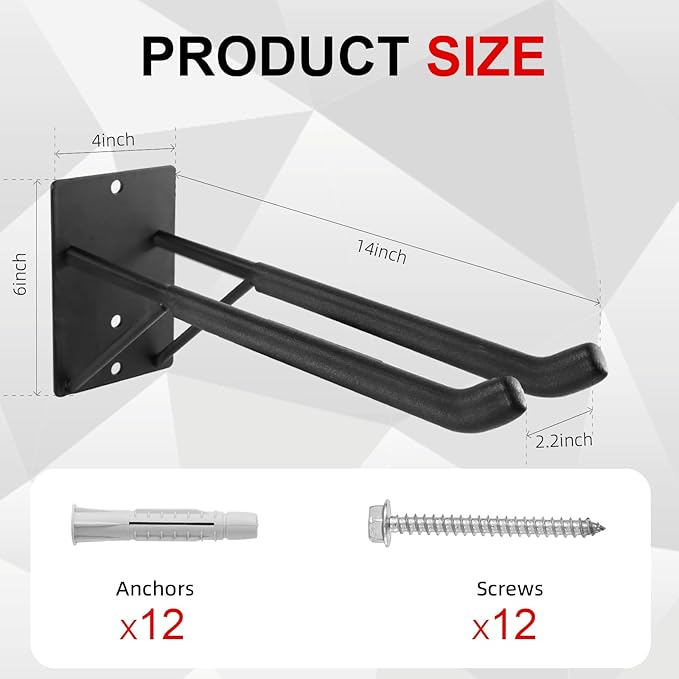 14" Large Heavy Duty Garage Hooks, 2-Pack Steel Garage Storage Hooks with Support Rods, Utility Wall Mount Hangers for Power Tools, Car Tires, Ladders, Chairs, Garden Tools and More