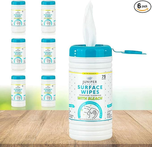 6 Pack Surface Cleaning Wipes with Bleach, All-Purpose Cleaner for Bathroom, Kitchen, Office, 450 Count Canister, Fresh Scent, 7.5" x 7" Sheet, Lint Free & Durable