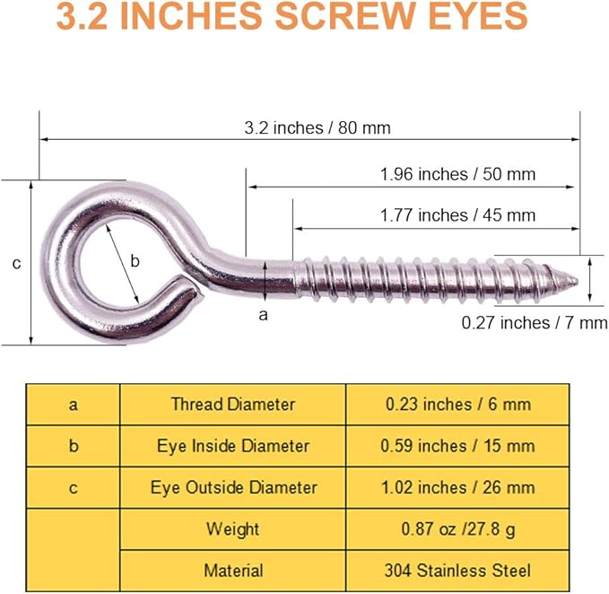 Pack of 12 M6 Metal Hooks, heavy-duty304 Stainless Steel Screw Hooks, self-Tapping Eye-Ring Bolt Hooks, Hole Hooks, Strong Indoor and Outdooreye Hooks