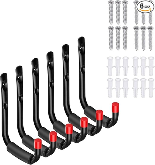 6 Pack Garage Hooks Heavy Duty, Utility Steel Hooks with EVA Foam Padding, 4.56inch Wall Mount J Organizer Hanger for Hanging Bikes Kayak Garden Tool Hose Bike Shelf