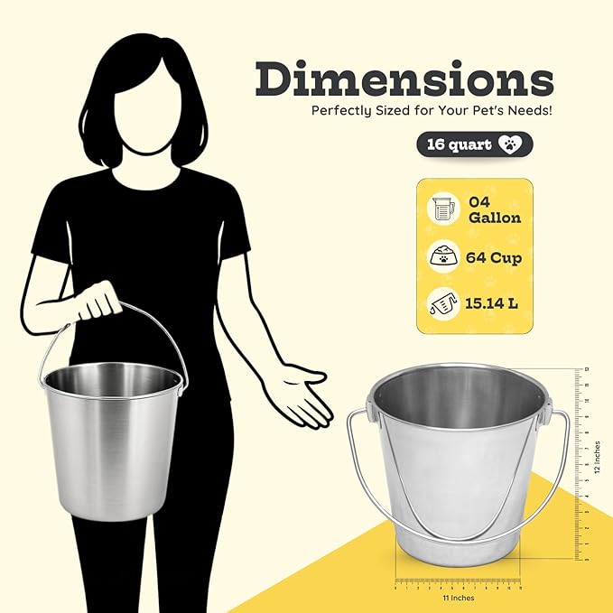 16 quart Heavy Duty Stainless Steel Round Bucket with Handle | 4 gal Sturdy Food & Water Bowl for XL Dog Goat sheep Horse & Livestock | Fits kennel Crate Cages Farm | Hanging Utility Pail