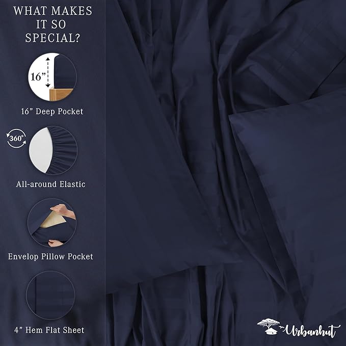 URBANHUT 1000 Thread Count Damask California King Sheet Set Egyptian Cotton Sheets, Long Staple Soft & Breathable, 4 Pc Bed Sheet Sets, Luxury Hotel Sateen Sheets Fits 16" Deep Pocket - Navy Blue