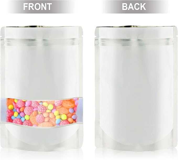 6.3"x9.5" 120pcs Mylar Bags for Food Storage,Smell Proof Bag with Matte Window Resealable Food Storage Bags for Small Business, Stand-up Foil Pouch Packaging Freeze Dried Candy Bag（White）