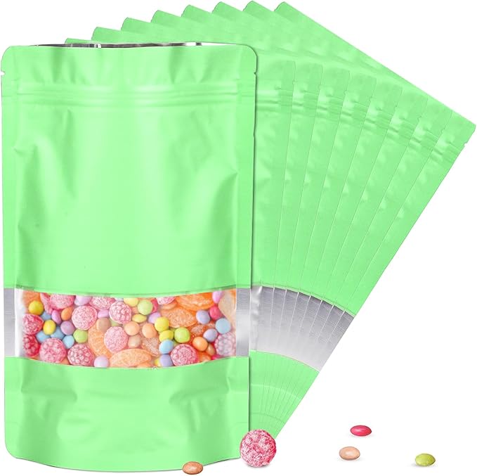 6.3"x9.5" 120pcs Mylar Bags for Food Storage,Smell Proof Bag with Matte Window Resealable Food Storage Bags for Small Business, Stand-up Foil Pouch Packaging Freeze Dried Candy Bag(Light Green)