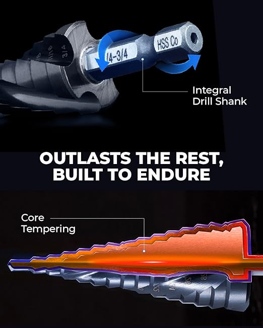 toolant Four Spiral Flute Cobalt Step Drill Bit(Pro), 3/16" - 7/8"(12 Step Size) Impact Ready Unibit Step Drill Bit, 1/4" Hex Shank Step Bit for Metal, Stainless Steel, Aluminum, Plastic