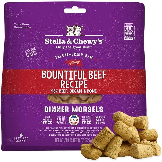 Stella & Chewy's Freeze-Dried Raw Cat Dinner Morsels - Premium Beef Recipe with 98% Grass-Fed Meat & Organs - Natural Grain-Free Cat & Kitten Food - Made in USA - 8 oz