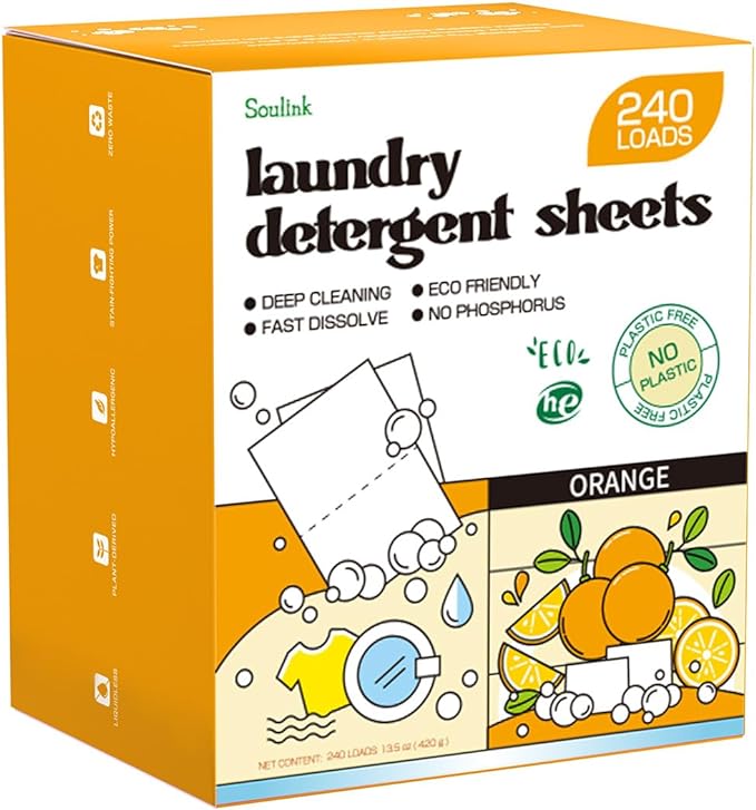 Soulink Laundry Detergent Sheets, 240 Loads - Eco-Friendly, Plant-Based, Hypoallergenic, No Plastic Jug (Orange Scent)