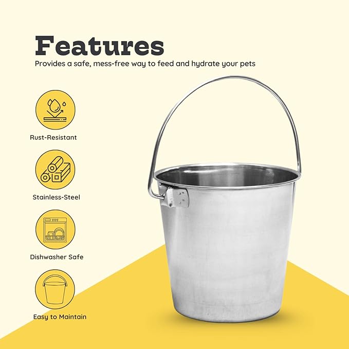 1 quart Heavy Duty Stainless Steel Round Bucket with Handle | 0.25 gal Sturdy Food & Water Bowl for Small Bird Dog Cat & Livestock | Fits kennel Crate Cage Farm | Hanging Utility Pet Pail