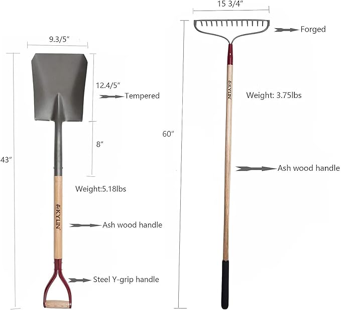 KYLIN 6-Piece Pro Long Ash Handle Garden Tools Set for Landscaping Agricture or Backyard,14-Gauge Shovels,Forged Rakes,Forged Weeding Hoe Sidewalk Scraper,