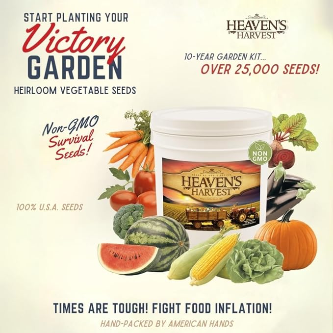 Heaven’s Harvest - 10 Year Survival Or Homestead Garden | 25k+ Heirloom Vegetable Seed Bank Kit | Includes Free Clyde’s Garden Planner & Seed Vault Storage Drum | Non-GMO