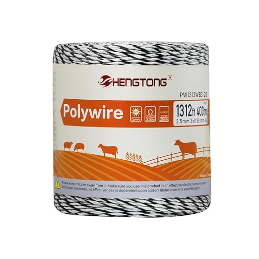 Electric Fence Polywire, 1320ft (400m), 3 Aluminum Strands, UV-Resistant PVC, 0.1in (2.5mm) Diameter, 256 lbs Tensile Strength, for Livestock and Rotational Grazing, White and Black