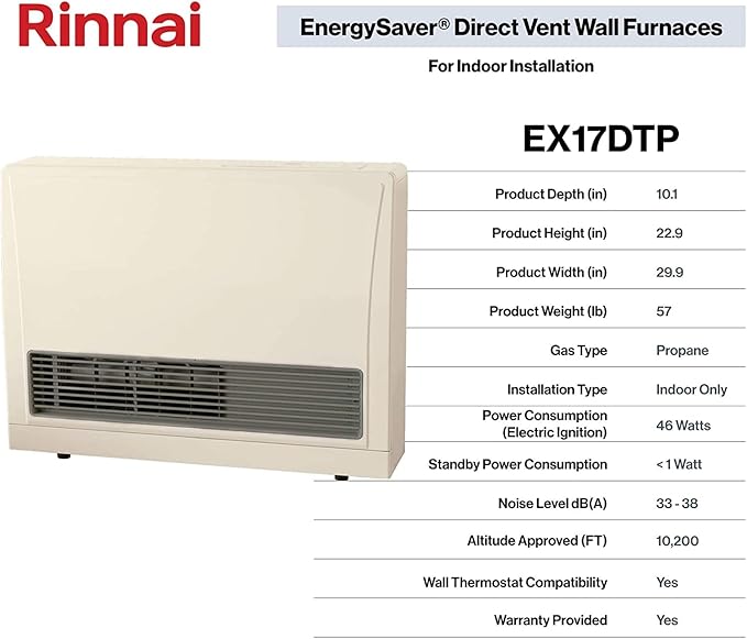 Rinnai EX17DTP Direct Vent Wall Furnace, Indoor Propane Heater, Energy Efficient Space Heater, 17,000 BTU, Beige