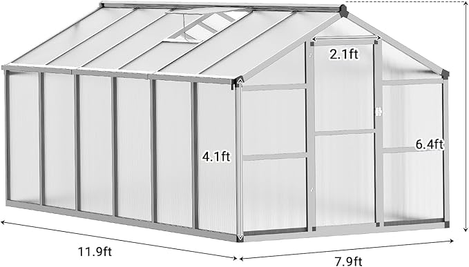 Greenhouse, 8x12 Ft Outdoor Greenhouses, Accessible Green House with Roof Vents and Sliding Doors, Aluminum Frame Polycarbonate Greenhouses, Large Greenhouse for Outdoor Gardens and Backyards, Silver