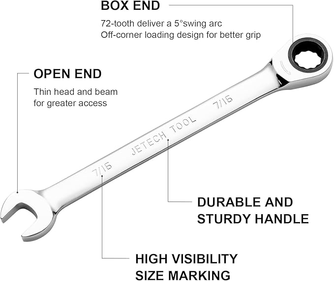 Jetech 7/16 inch Ratcheting Combination Wrench, Industrial Grade Gear Spanner with 12-Point Design, 72-Tooth Ratchet, Forged and Heat-Treated Cr-V Steel, SAE