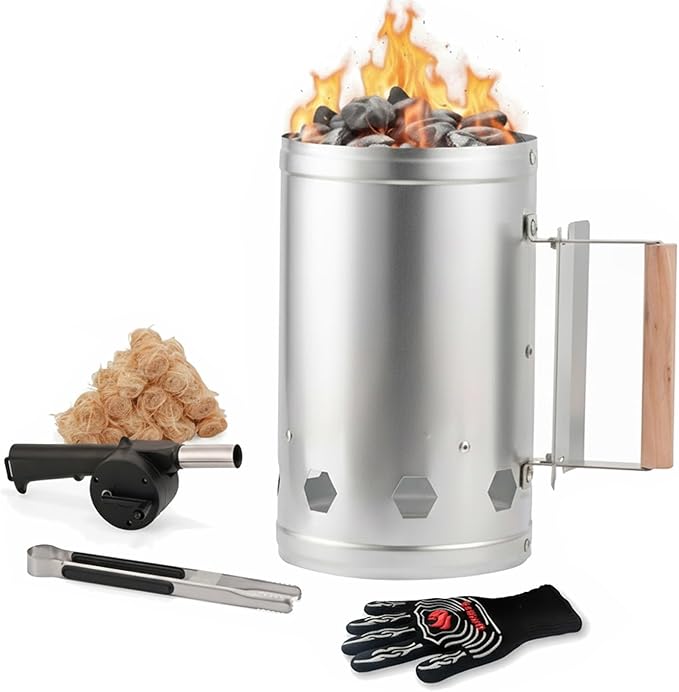 WILLBBQ Charcoal Chimney Starter, Heavy Duty Premium Chimney Starter for Charcoal Grills BBQ Accessory with Heat Resistant Wooden Handle for Outdoor Grill Camping (‌Silvery)