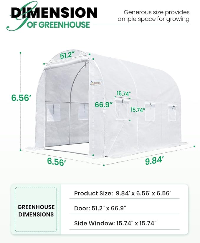 KING BIRD Premium 10x6.6x6.6FT Greenhouse for Outdoors, Large Walk-in Heavy Duty Galvanized Steel Frame, Mesh Door Screen Window Tunnel Hoop Garden Plant Winter Hot House, with Watering Kits, White