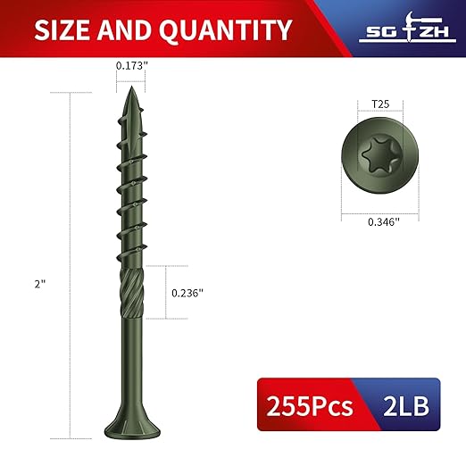 #8 x 2 Inch Deck Screws (255Pcs) 2lb. Carbon Steel, Green, Flat Head, Rust Resistant epoxy Coated, with T25 Star Bit