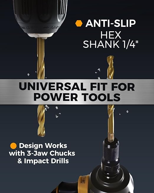 COMOWARE Impact Drill Bit Set - 21 Pcs Hex Titanium HSS Quick Change Impact Driver Bit Set for Wood, Plastic, Aluminum Alloy, Metal, 1/16"-1/2"