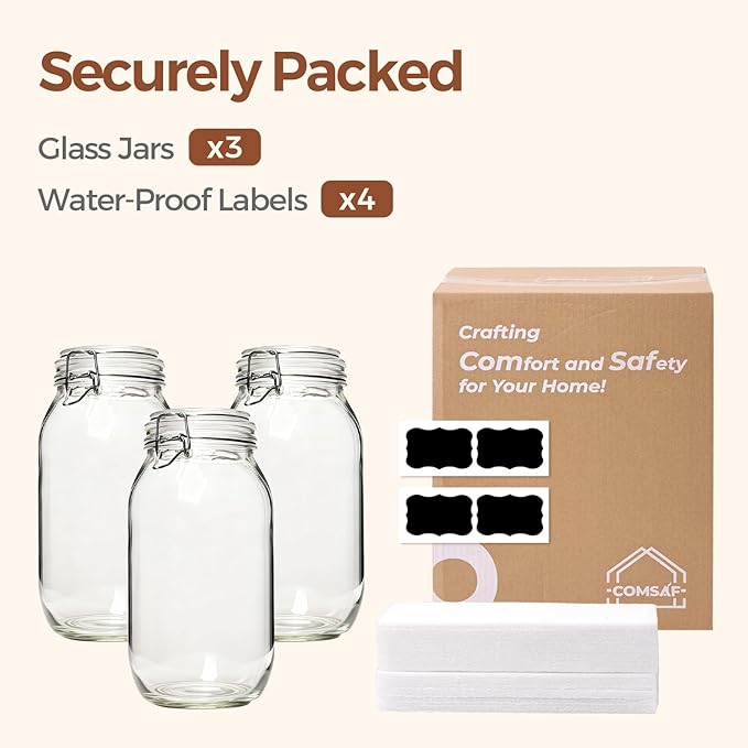 ComSaf Large Glass Jars with Lid 0.5 Gallon, Large Mason Jars Set of 3, Glass Canisters with Airtight Lids, Half Gallon Canning Jar with Seal Wire Clip Fastening for Kitchen, Pickle, Flour, Sugar