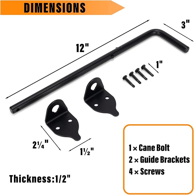 12" Heavy Duty Cane Bolt Gate Drop Rod-Steel Gate Ground Latch Designed for Wood Metal Vinyl Gates or Double Doors Fence Applications