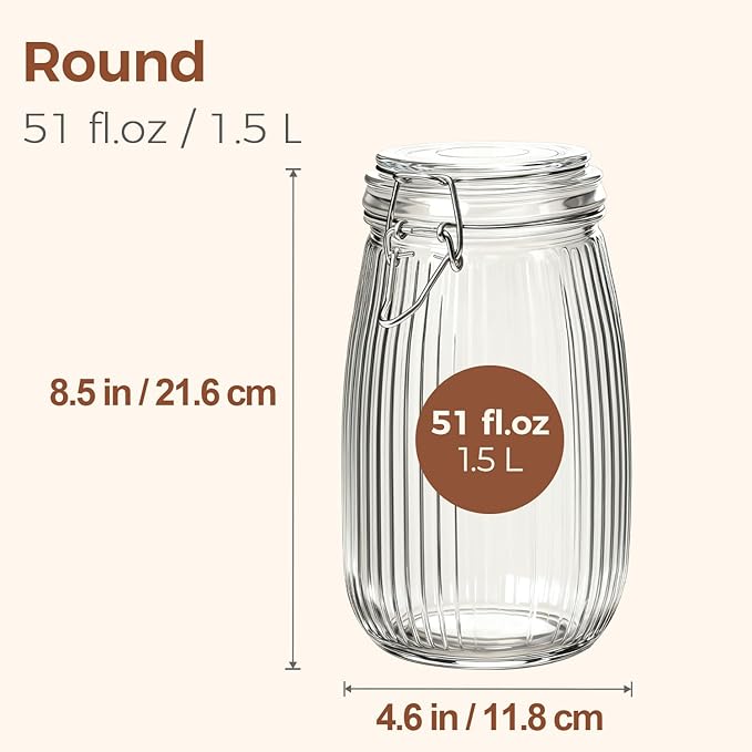 ComSaf Airtight Glass jar with lid 51oz Set of 3, Glass Storage Containers with Lids, Large Glass Canister, Striped Clip Fastening Jar for for Canning, Flour, Pasta,Coffee Beans, Cereal, Rice, Pickle