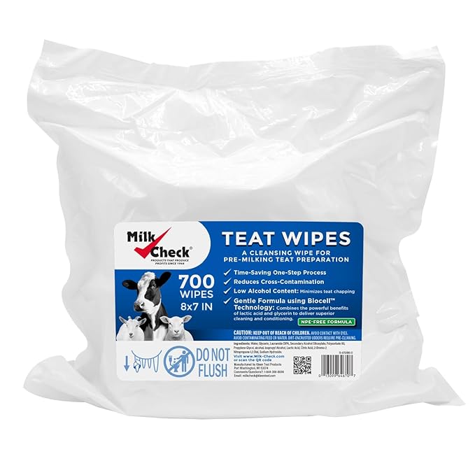 Milk Check Teat Wipes Refill (2,800 wipes) - Cow, Goat, Sheep Udder Prep - 7 inch x 8 inch Wipes.