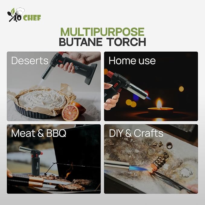 Jo Chef Kitchen Torch with Butane Included – Refillable butane torch Lighter with Safety Lock & Adjustable Flame, Culinary Blow Torch for Cooking, Creme Brulee 2 Cans (3.38oz) Included Black