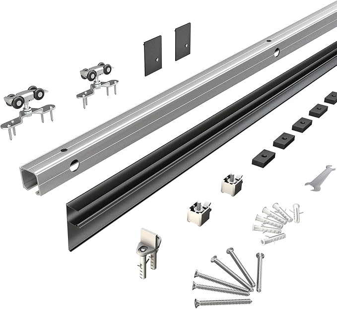 JUBEST 7FT Barn Door Sliding Hardware Track Kit, Aluminium Alloy Box Rail Hardware for Classic Modern Interior Single Wooden Door,Low Clearance,Black