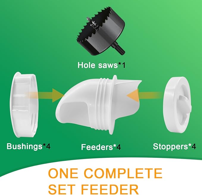 Chicken Feeder Port No Waste, Automatic Chicken Feeder Cups for Rain Proof Poultry Feeder Gravity Feed, DIY Fit for Buckets, Barrels, Bins (4 Ports,1 Hole Saw)